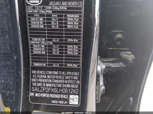 Aukcja sprzedaży 2020 Land Rover Range Rover Evoque Se, vin: SALZP2FX6LH061242, numer aukcji: 45984582