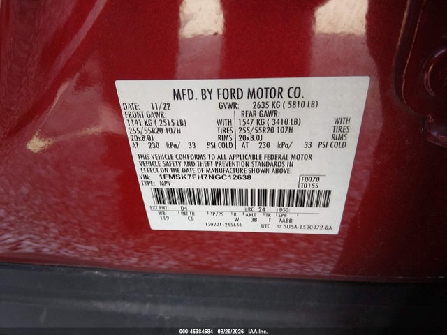 Aukcja sprzedaży 2022 Ford Explorer Limited, vin: 1FMSK7FH7NGC12638, numer aukcji: 45984584