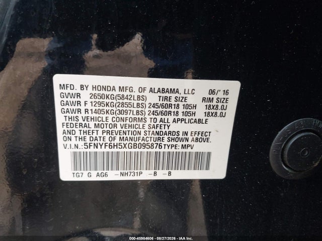 Продаж на аукціоні авто 2016 Honda Pilot Ex-l, vin: 5FNYF6H5XGB095876, номер лоту: 45984606