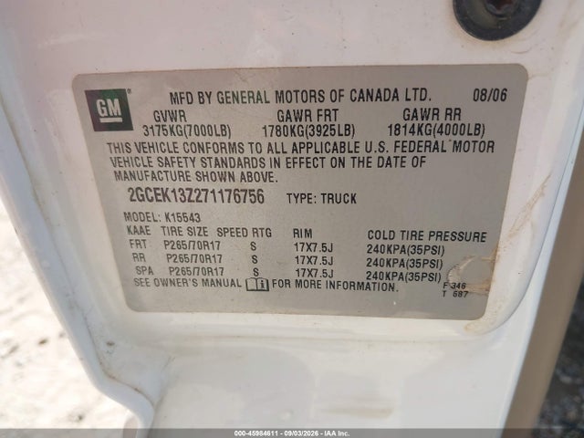 45984611 :رقم المزاد ، 2GCEK13Z271176756 vin ، 2007 Chevrolet Silverado 1500 Classic Lt1 مزاد بيع