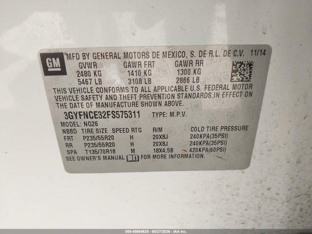 45984625 :رقم المزاد ، 3GYFNCE32FS575311 vin ، 2015 Cadillac Srx Performance Collection مزاد بيع