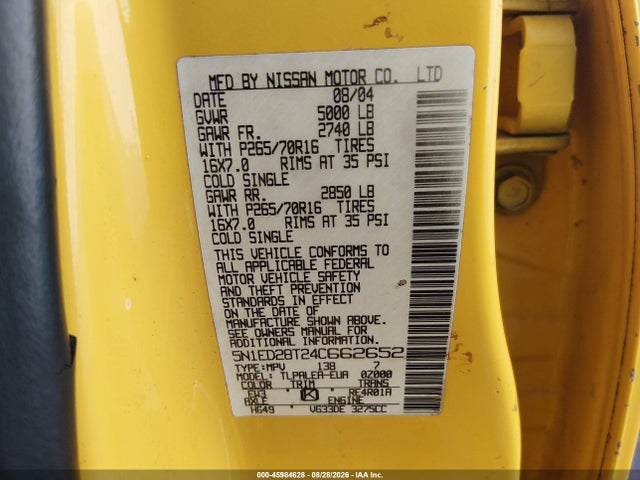45984628 :رقم المزاد ، 5N1ED28T24C662652 vin ، 2004 Nissan Xterra Xe مزاد بيع