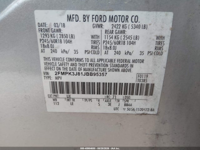 45984650 :رقم المزاد ، 2FMPK3J81JBB95357 vin ، 2018 Ford Edge Sel مزاد بيع
