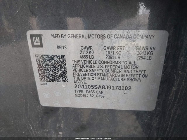 Aukcja sprzedaży 2018 Chevrolet Impala 1lt, vin: 2G1105SA8J9178102, numer aukcji: 45984658