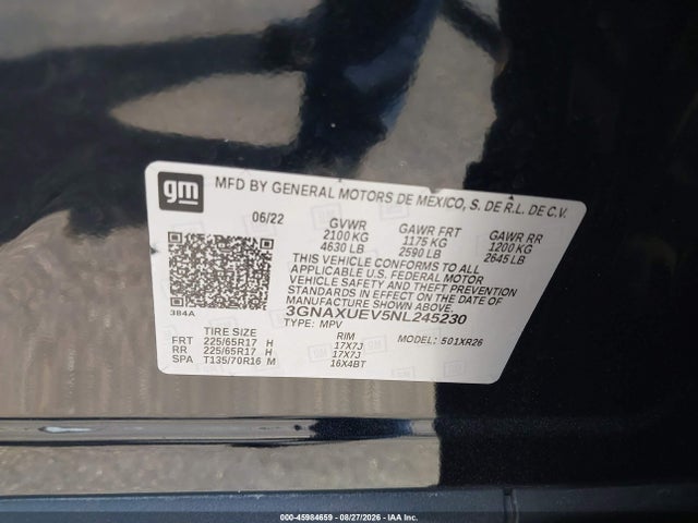 Aukcja sprzedaży 2022 Chevrolet Equinox Awd Lt, vin: 3GNAXUEV5NL245230, numer aukcji: 45984659