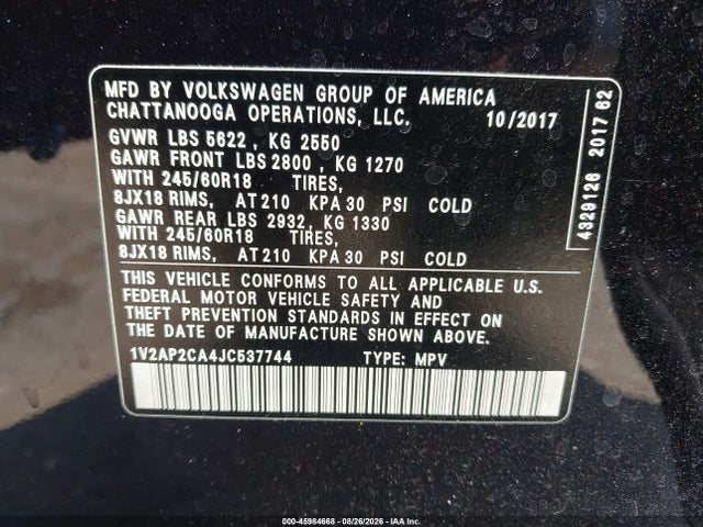 Продажа на аукционе авто 2018 Volkswagen Atlas 2.0t S, vin: 1V2AP2CA4JC537744, номер лота: 45984668