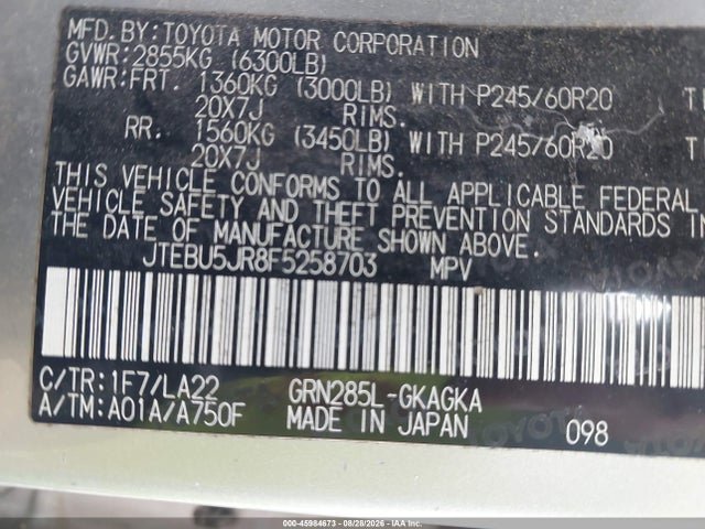 Aukcja sprzedaży 2015 Toyota 4runner Limited, vin: JTEBU5JR8F5258703, numer aukcji: 45984673
