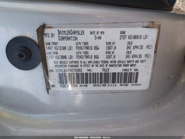 Продажа на аукционе авто 2004 Dodge Dakota Sport/sxt, vin: 1D7HL38N74S735053, номер лота: 45984680