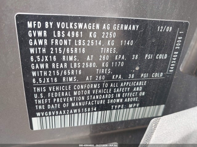 Продаж на аукціоні авто 2010 Volkswagen Tiguan S, vin: WVGBV9AX2AW515814, номер лоту: 45984688