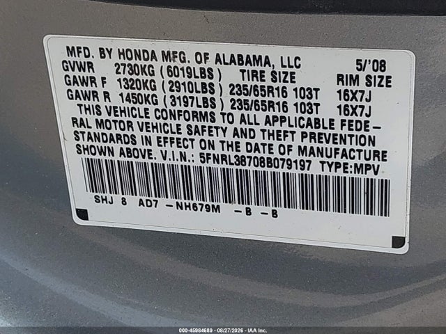 Aukcja sprzedaży 2008 Honda Odyssey Ex-l, vin: 5FNRL38708B079197, numer aukcji: 45984689