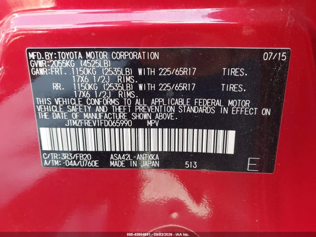 2015 Toyota Rav4 Le მანქანა იყიდება აუქციონზე, vin: JTMZFREV1FD065990, აუქციონის ნომერი: 45984691