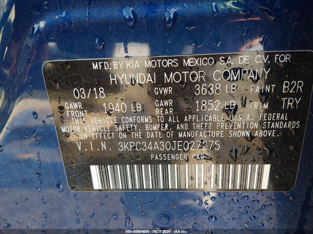 2018 Hyundai Accent Limited მანქანა იყიდება აუქციონზე, vin: 3KPC34A30JE027275, აუქციონის ნომერი: 45984698
