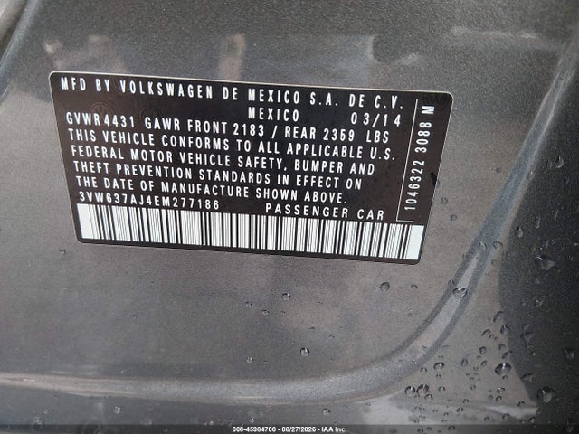 Aukcja sprzedaży 2014 Volkswagen Jetta Hybrid Sel Premium, vin: 3VW637AJ4EM277186, numer aukcji: 45984700