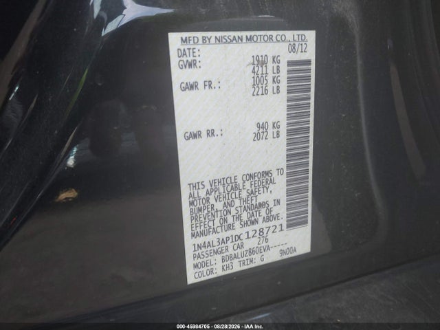 45984705 :رقم المزاد ، 1N4AL3AP1DC128721 vin ، 2013 Nissan Altima 2.5 Sv مزاد بيع