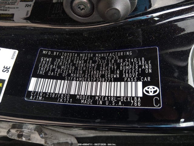 5YFB4MDE6TP398271 Toyota COROLLA LE