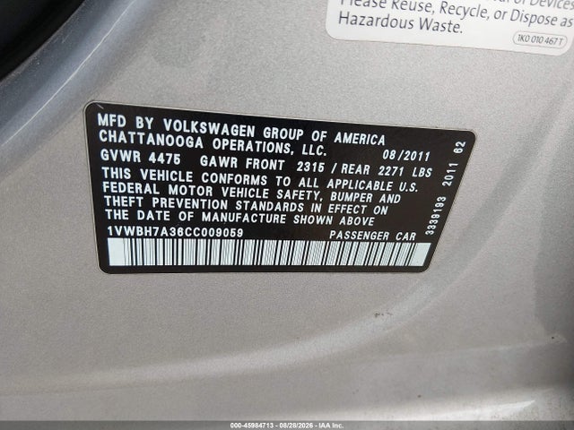 Продаж на аукціоні авто 2012 Volkswagen Passat 2.5l Se, vin: 1VWBH7A36CC009059, номер лоту: 45984713