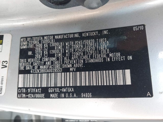 Aukcja sprzedaży 2010 Toyota Venza Base V6, vin: 4T3ZK3BBXAU029553, numer aukcji: 45984714