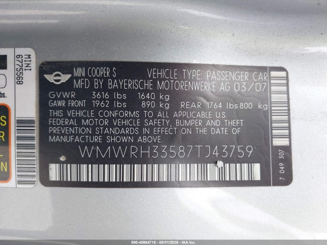 45984715 :رقم المزاد ، WMWRH33587TJ43759 vin ، 2007 Mini Cooper S مزاد بيع