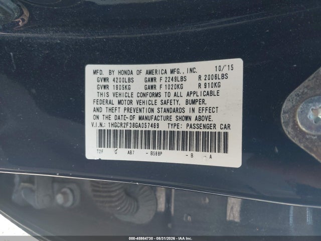 45984730 :رقم المزاد ، 1HGCR2F38GA057469 vin ، 2016 Honda Accord Lx مزاد بيع