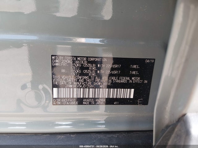 2019 Toyota Rav4 Xle მანქანა იყიდება აუქციონზე, vin: JTMW1RFV5KJ012589, აუქციონის ნომერი: 45984731