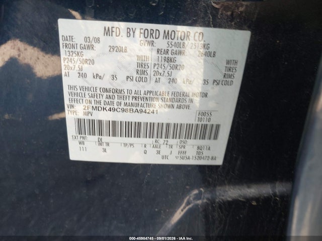 Aukcja sprzedaży 2008 Ford Edge Limited, vin: 2FMDK49C98BA94241, numer aukcji: 45984745