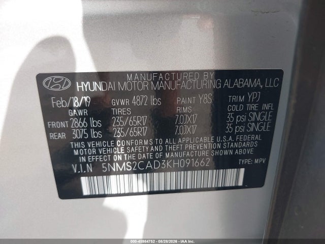 45984752 :رقم المزاد ، 5NMS2CAD3KH091662 vin ، 2019 Hyundai Santa Fe Se مزاد بيع