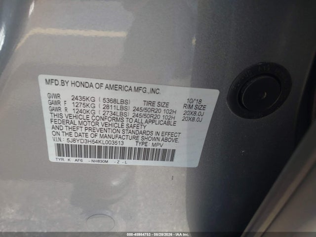 45984753 :رقم المزاد ، 5J8YD3H54KL003513 vin ، 2019 Acura Mdx Tech Pkg مزاد بيع