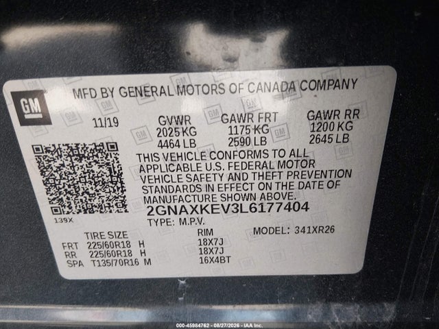 Продажа на аукционе авто 2020 Chevrolet Equinox Fwd Lt 1.5l Turbo, vin: 2GNAXKEV3L6177404, номер лота: 45984762