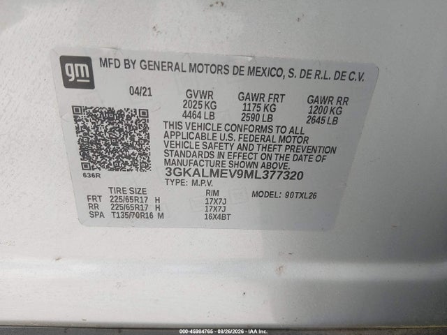 Aukcja sprzedaży 2021 Gmc Terrain Fwd Sle, vin: 3GKALMEV9ML377320, numer aukcji: 45984765