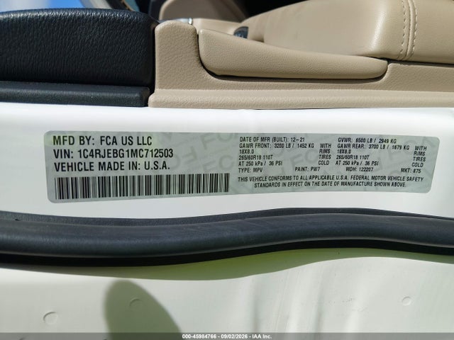 Продажа на аукционе авто 2021 Jeep Grand Cherokee Limited 4x2, vin: 1C4RJEBG1MC712503, номер лота: 45984766
