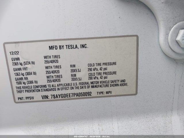 Auction sale of the 2023 Tesla Model Y, vin: 7SAYGDEE7PA050092, lot number: 45984767