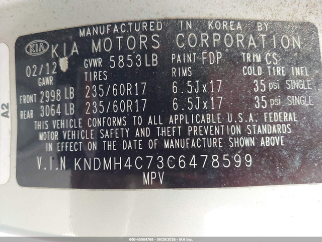 Aukcja sprzedaży 2012 Kia Sedona Ex, vin: KNDMH4C73C6478599, numer aukcji: 45984768