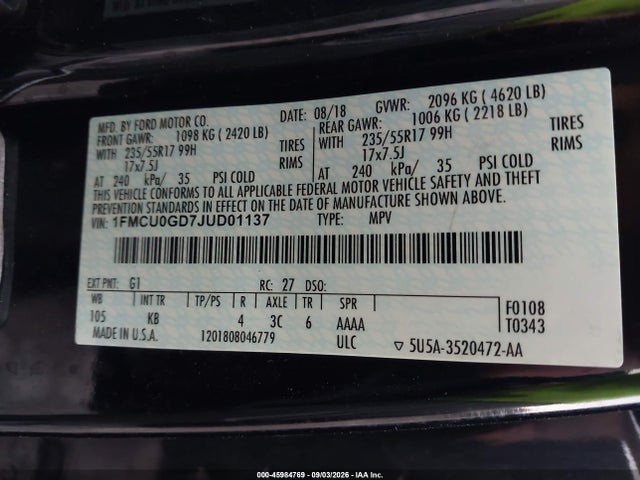 Продажа на аукционе авто 2018 Ford Escape Se, vin: 1FMCU0GD7JUD01137, номер лота: 45984769
