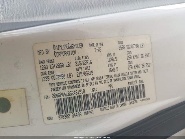 Продаж на аукціоні авто 2005 Dodge Grand Caravan Sxt, vin: 2D4GP44L85R431918, номер лоту: 45984770