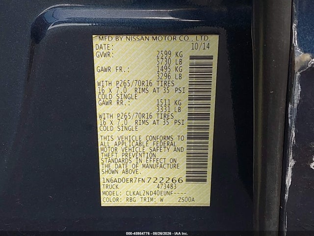 45984776 :رقم المزاد ، 1N6AD0ER7FN722266 vin ، 2015 Nissan Frontier Sv مزاد بيع
