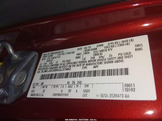 Aukcja sprzedaży 2019 Lincoln Mkc Select, vin: 5LMCJ2C95KUL37462, numer aukcji: 45984783