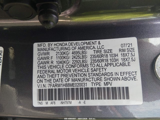 Продаж на аукціоні авто 2021 Honda Cr-v 2wd Ex-l, vin: 7FARW1H88ME020031, номер лоту: 45984801