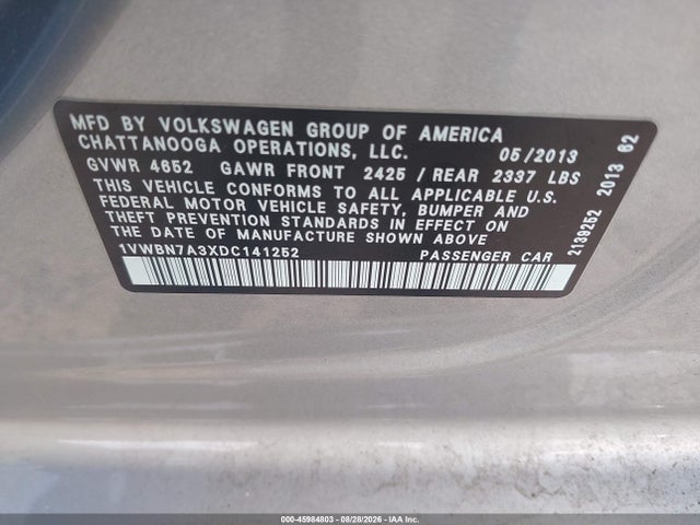Продажа на аукционе авто 2013 Volkswagen Passat 2.0l Tdi Se, vin: 1VWBN7A3XDC141252, номер лота: 45984803