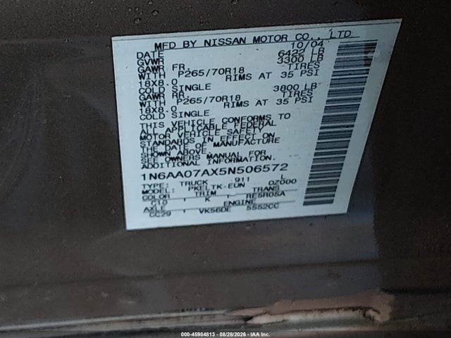 Aukcja sprzedaży 2005 Nissan Titan Se, vin: 1N6AA07AX5N506572, numer aukcji: 45984813
