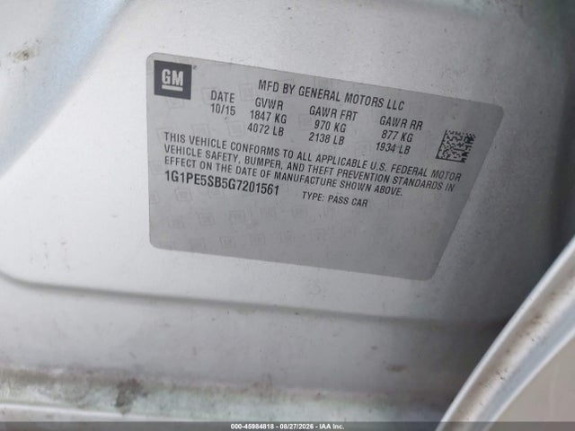 Aukcja sprzedaży 2016 Chevrolet Cruze Limited 1lt Auto, vin: 1G1PE5SB5G7201561, numer aukcji: 45984818