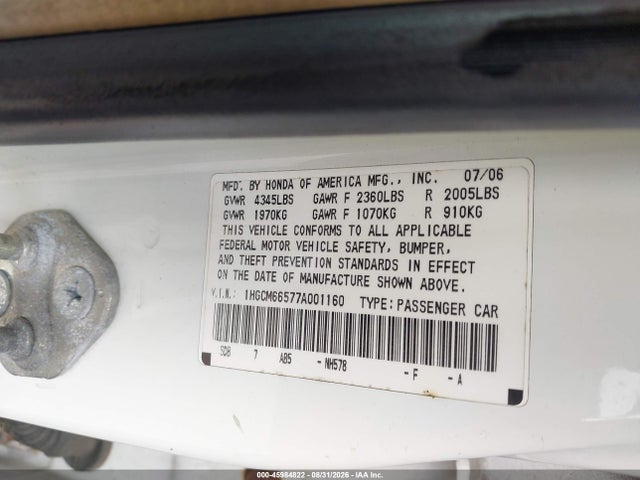 45984822 :رقم المزاد ، 1HGCM66577A001160 vin ، 2007 Honda Accord 3.0 Ex مزاد بيع