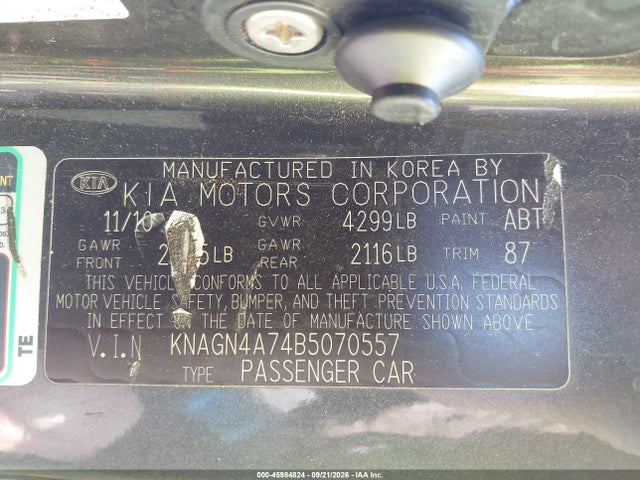 Aukcja sprzedaży 2011 Kia Optima Ex, vin: KNAGN4A74B5070557, numer aukcji: 45984824