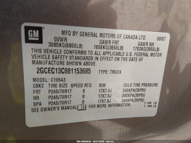 Aukcja sprzedaży 2008 Chevrolet Silverado 1500 Lt1, vin: 2GCEC13C881153685, numer aukcji: 45984836