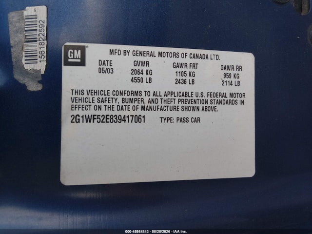 45984843 :رقم المزاد ، 2G1WF52E839417061 vin ، 2003 Chevrolet Impala مزاد بيع