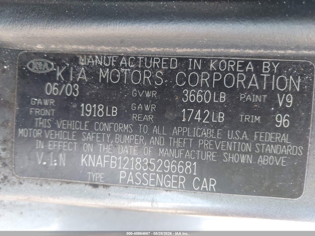 45984887 :رقم المزاد ، KNAFB121835296681 vin ، 2003 Kia Spectra Ls مزاد بيع