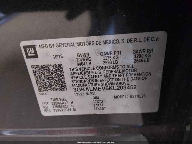 Продаж на аукціоні авто 2019 Gmc Terrain Sle, vin: 3GKALMEV5KL203452, номер лоту: 45984889