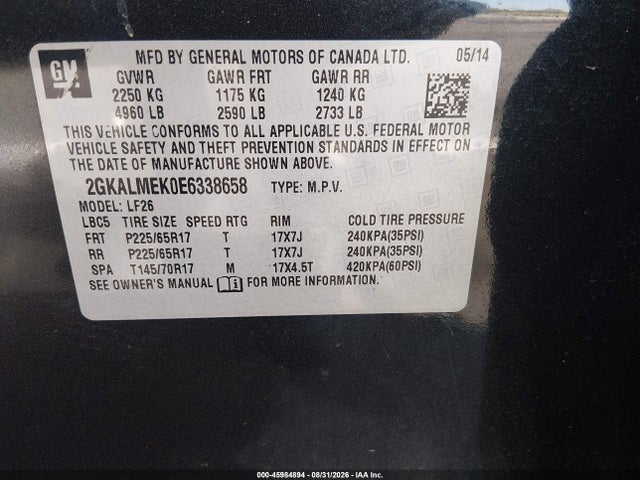 Продажа на аукционе авто 2014 Gmc Terrain Sle-1, vin: 2GKALMEK0E6338658, номер лота: 45984894