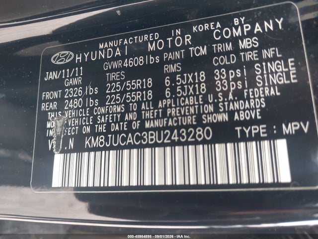 Продажа на аукционе авто 2011 Hyundai Tucson Limited, vin: KM8JUCAC3BU243280, номер лота: 45984895