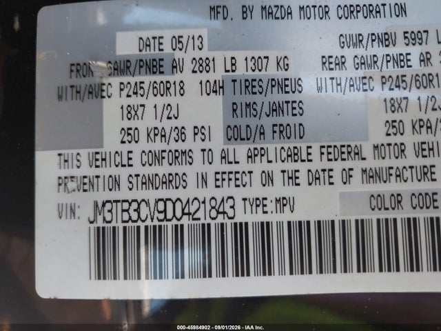 Продажа на аукционе авто 2013 Mazda Cx-9 Touring, vin: JM3TB3CV9D0421843, номер лота: 45984902