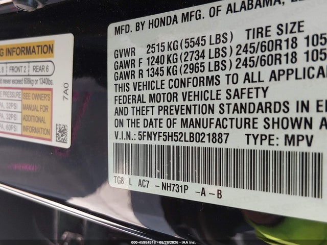 Honda Pilot 2wd Ex-l 2020 5FNYF5H52LB021887 Image 9